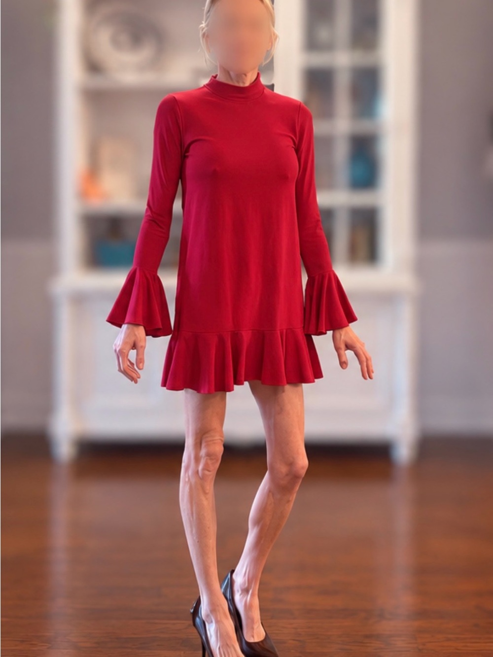 Susana Monaco Magenta Pink Turtleneck Bell Sleeve Ruffle Hem Dress xs NWT